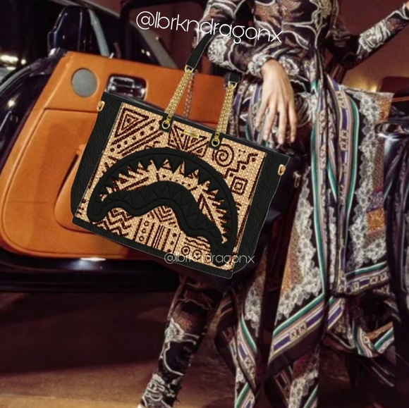 Sprayground Black Tan Raffia Tote with Gold Chain Strap Tribal RAFFIA  TOTE - Picture 12 of 14